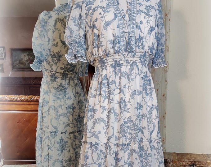 Gorgeous Soft Blue and White Toile Georgette/Chiffon Maxi Dress - Smocked Waist and Sleeves - Tiered Skirt - Ruffle Trim -  Border Print - S