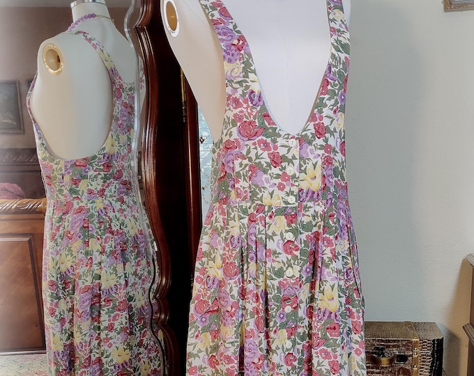 Adorable 1980s Vintage Floral Jumper  - Cottagecore Grandmacore Style - Pockets - Summer Wedding/Garden Party - 100% Rayon - EUC
