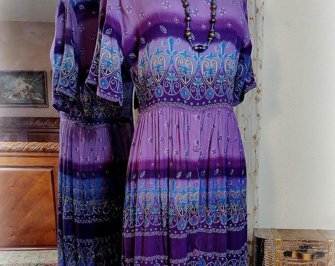Gorgeous Vintage 90s BILA Vivid Purples and Blues Tea Dress - Button Front Skirt - Back Ties - Crinkle Rayon - Size M - Midi/Maxi - Like New