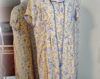 Gorgeous April Cornell Vintage - Sublime Lemon Yellow and Periwinkle Blue Rayon Crepe - 90s Does 40s Dress - Cottagecore - Size XL