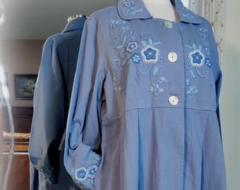 Vintage Beautifully Embroidered Blue April Cornell Coat - Soft Washed Cotton Twill - Roomy Pockets - Empire Waist - Size XL