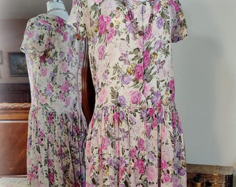 Gorgeous Vintage 90s BILA Pink and Lavender Garden Party Tea Dress - Button Front - Full Skirt - Soft Crinkle Rayon - SZ S/M