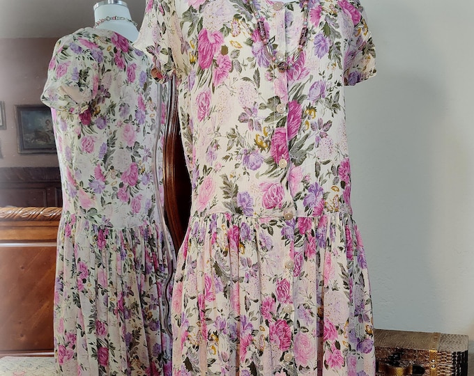 Gorgeous Vintage 90s BILA Pink and Lavender Garden Party Tea Dress - Button Front - Full Skirt - Soft Crinkle Rayon - SZ S/M