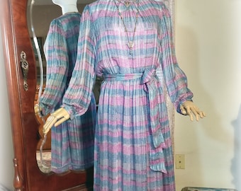Classic Vintage Boho 70s 80s Silk Long Dress / The Silk Farm Designed by Icinoo / Full Length / Aqua and Lilac Silk / Mother of the Bride