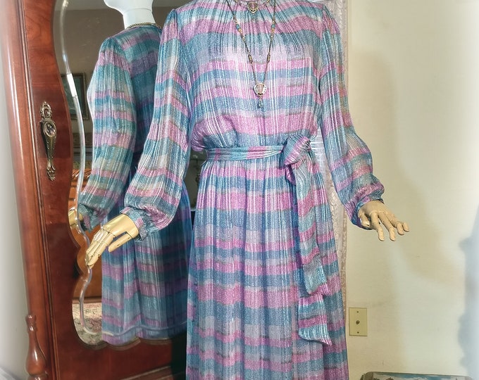 Classic Vintage Boho 70s 80s Silk Long Dress / The Silk Farm Designed by Icinoo / Full Length / Aqua and Lilac Silk / Mother of the Bride