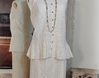 Lovely Vintage Western Inspired  2 PC Set Ivory Cotton Lace Top and Skirt - Prairie Cottagecore Boho Style Wedding/Garden Party Dress SZ M