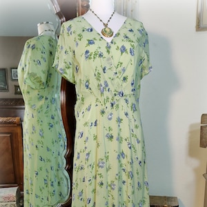 Gorgeous Romantic Vintage April Cornell - Green and Violet Blue Print Rayon Chiffon Dress and Slip - 90s does 30s - Garden Party Tea Dress
