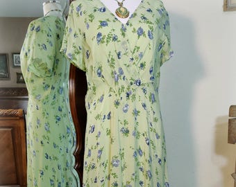 Gorgeous Romantic Vintage April Cornell - Green and Violet Blue Print Rayon Chiffon Dress and Slip - 90s does 30s - Garden Party Tea Dress