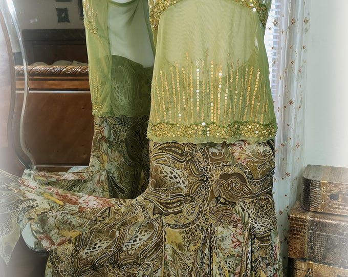 Fairycore Fabulous Vintage Victor Costa Set - Shades of Green - Silk Chiffon Sequined/Beaded Skirt w Handkerchief Hem - Sequined Mesh Cami