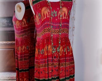 Exotic Vintage 90s BILA Ruby Red Summer Dress - Boho Wildlife Print - Crinkle Rayon - Size M - Roomy Pockets - Back Ties