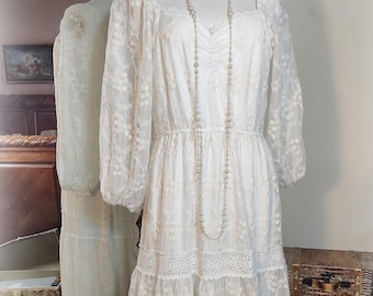 Romantic Antique Inspired White Embroidered Lace Dress  - Cottagecore Wedding or Garden Party Dress -Tiered Full Skirt - Sz L/XL