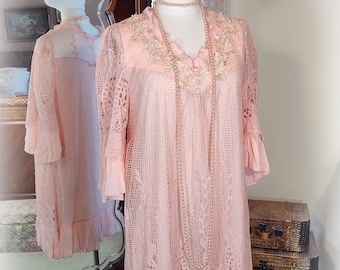 Beautiful New with Tags Pearl-Embroidered Vintage 1920's-Inspired Pink Lace Long Tunic or Mini Dress - Appliqued Lace Flowers - Ruffles