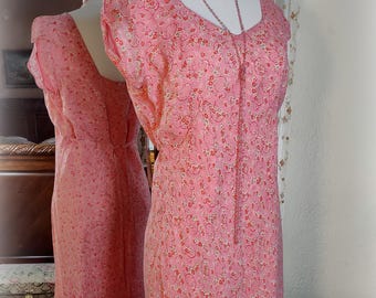Lovely April Cornell Vintage Cottagecore Rayon Crepe Bias Cut Dress / Pink Red Green Floral / Empire Waist - Button Back Ties - Fully Lined