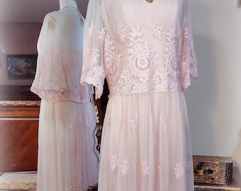 April Cornell Vintage Inspired - Pink and Ivory Embroidered Lace Tea Dress  - Garden Party 90s does 20s Dress - Sz XXL