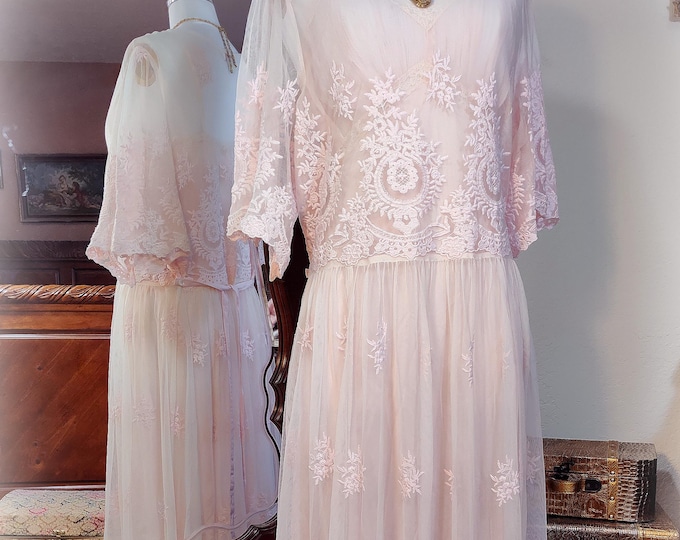 April Cornell Vintage Inspired - Pink and Ivory Embroidered Lace Tea Dress  - Garden Party 90s does 20s Dress - Sz XXL