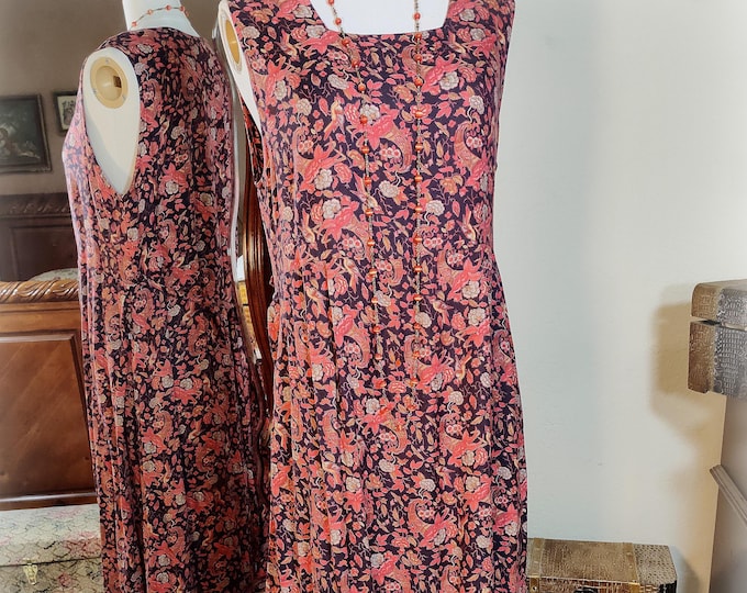 Wonderful Vintage April Cornell 1990s Dress/Jumper - Coral and Navy Floral - Beautiful Rayon Moss Crepe Multi-Season Dress - Size M/L