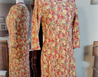 April Cornell Vintage - Gorgeous Vivid Coral, Yellow and Red Vintage Style Print - 90s Does 30s Dress - Cottagecore - Size S/M