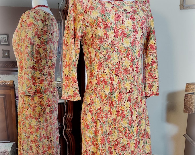 April Cornell Vintage - Gorgeous Vivid Coral, Yellow and Red Vintage Style Print - 90s Does 30s Dress - Cottagecore - Size S/M