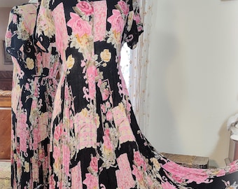 Cottagecore Vintage 90s Nostalgia Pink Black Floral Garden Party Tea Dance Dress - Sz M - Crinkle Rayon - Super Full Gored Skirt