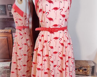 1950s Inspired Vivid Coral Pink Flamingo Cotton Print - Retro Party Pinup Dance Swing Dress  - Excellent Condition - Pockets - SZ 12/14