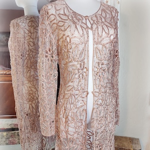 Exquisite Vintage All Silk Beaded Handmade Handsewn Battenburg Lace Jacket - Gorgeous Pale Blush-Pink Silk Satin - S/M