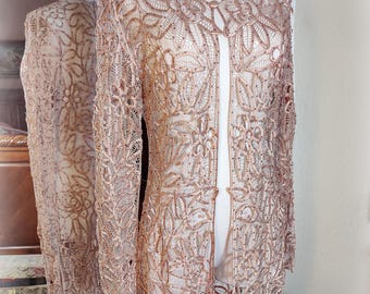 Exquisite Vintage All Silk Beaded Handmade Handsewn Battenburg Lace Jacket - Gorgeous Pale Blush-Pink Silk Satin - S/M
