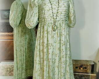 Lovely Lime Sherbet Green Rayon Batiste Cottagecore Dress - Smocked Back - Bodice Pleating - On/Off Shoulder - Small/Small-Medium