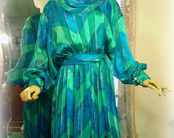 Fabulous Vintage Boho 70s 80s Silk Dress and Sash / The Silk Farm/ Vivid Teal Sea Green Silk Satin Metallic Stripe/ Matching Silk Crepe Slip