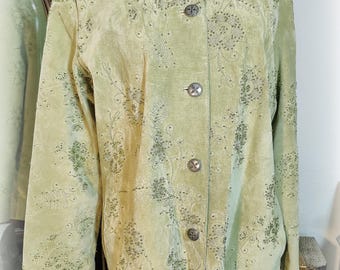 Stunning Vintage Green Genuine Suede Leather Jacket - Extensively Beaded Embroidered - Gorgeous Workmanship - Excellent Condition - Size M/L