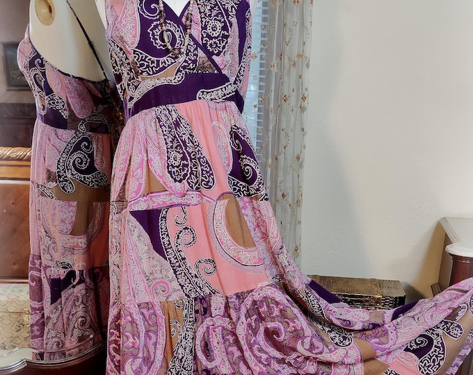 Vintage 70s/80s BILA Funky Hippie Boho Festival Maxi Dress - Mixed Purple and Pink Prints - Softest Fine Cotton - SZ XL - Adjustable Straps