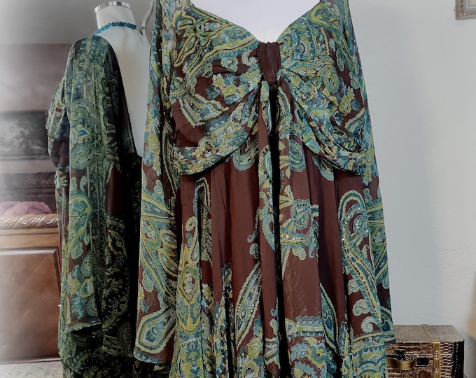 Plus Sz NWOT Vintage Rayon Georgette Gypsy Bohemian Festival Tunic Top - Teal and Espresso Handkerchief Hem - Smocked Back - Sz XL/XXL