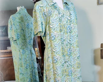 April Cornell Vintage - Soft Aquamarine Blue Floral Rayon Crepe -1990s/Y2K Does 1930s/40s Dress - Cottagecore - Button On Back Ties - L/XL