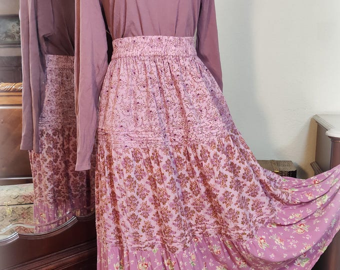 Plus Size Vintage April Cornell Lilac Pink Tiered Bohemian Skirt - Bonus Coordinating NWOT Long Sleeve Top - Pockets - Soft  Rayon - SZ XL