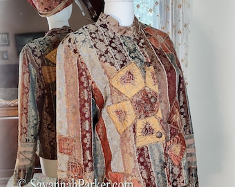 Stunning Vintage 1990s Designer Sandy Starkman - Autumn Tones and Metallic Copper Fabulously Embroidered Western Bohemian Jacket -- L