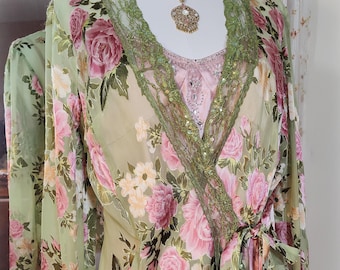 Gorgeous Vintage 1990s Silk Sequined Wrap Top and Cami 2 PC set - Victorian Pink Roses on Green - Pink Satin Jeweled Camisole