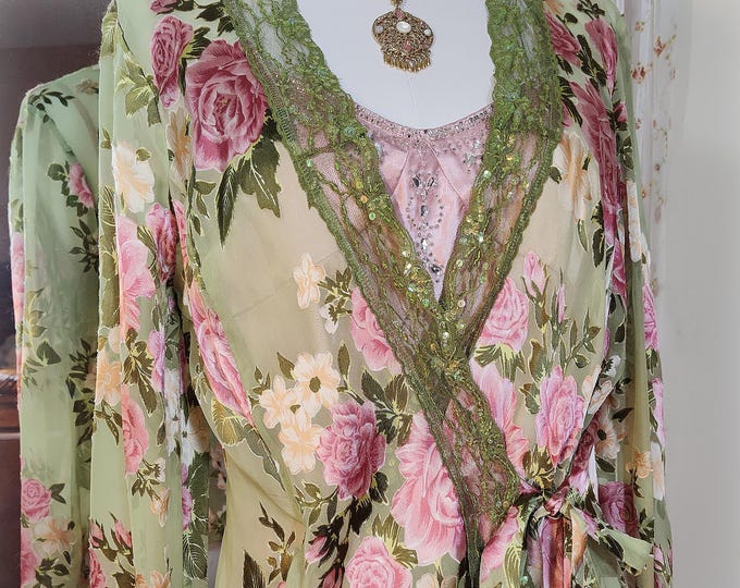 Gorgeous Vintage 1990s Silk Sequined Wrap Top and Cami 2 PC set - Victorian Pink Roses on Green - Pink Satin Jeweled Camisole