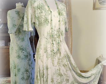 Robe de thé Starina des années 30 style vert saule imprimé Garden Party - années 90 - vintage des années 30 - crêpe rayonne de qualité