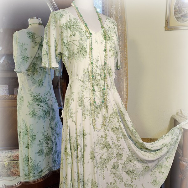 Vintage Starina 1930s Style Willow Green Print Garden Party Tea Dress - 90s does 30s Vintage  - Quality Rayon Crepe