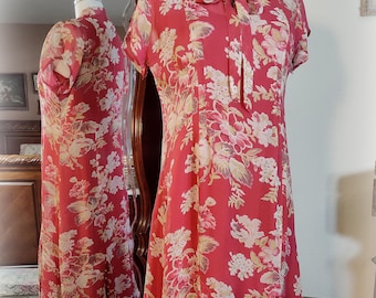 Deco Gatsby 1920s style Vintage April Cornell 2 pc Dress & Slip - Red Floral Rayon Chiffon - 90s does 20s Tea Dress - S/XS