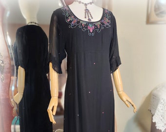 Beautiful Antique-Inspired Downton Style Dress - NWOT- Edwardian Style - Gorgeous Glass Beadwork - Black Rayon Georgette w Jewel Tones