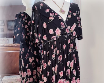 Beautiful Black with Mauve Pink Roses Vintage 1990s/Y2K Rayon Chiffon Dance Dress - Sequined and Beaded - Flutter Sleeves - Border Print