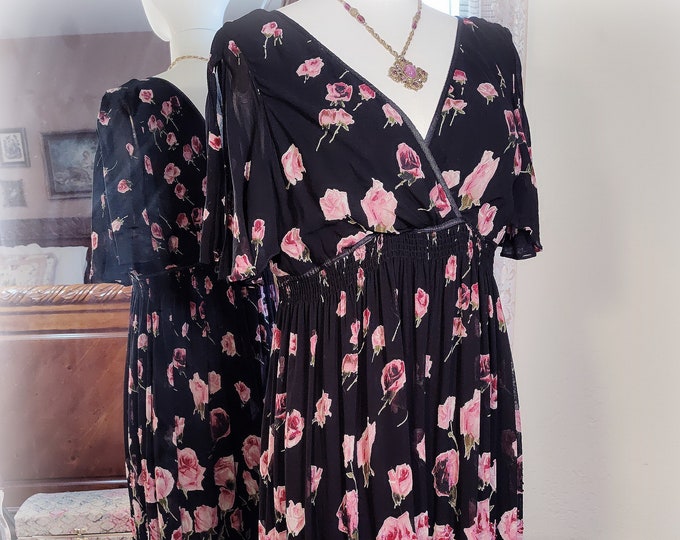 Beautiful Black with Mauve Pink Roses Vintage 1990s/Y2K Rayon Chiffon Dance Dress - Sequined and Beaded - Flutter Sleeves - Border Print