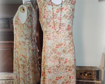 April Cornell Vintage 1990s Does 1920s Dress - Coral Roses Dancing Girls - Sheer Rayon Chiffon Silver Threads - Button on Back Ties