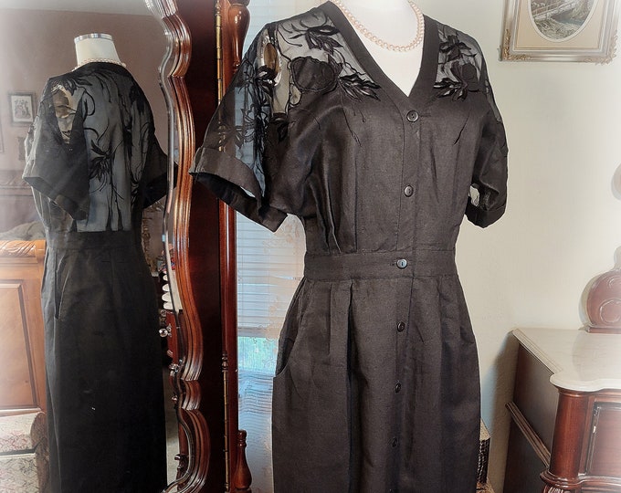 Fabulous Vintage 1940s-50s Inspired Designer Nancy Johnson Sexy Little Black Cocktail Dress - Sheer Embroidered Silk Insets/Back - Pockets