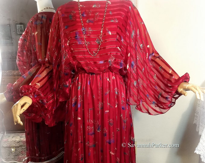 Brilliant Ruby Red Stevie Style Beautiful Vintage 70s-80s Silk Chiffon Goddess Dress / The Silk Farm Designed by Icinoo / Golden Threads