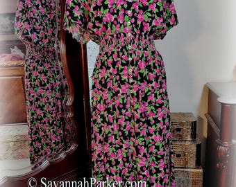 Lovely Plus Size XXL Black with Pink Raspberries Print Rayon Dress - Smocked Waistline - Flutter Sleeves