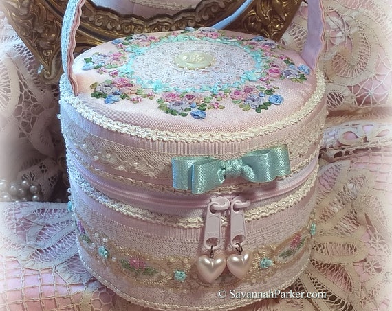 Exquisite Victorian "Birthday Cake" Pink Pastel Silk Ribbon Roses Luxury Case Purse Bag, Antique Lace, Lavish Silk Ribbon Hand Embroidery