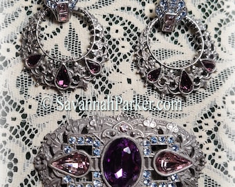 Beautiful 2 pc Victorian Set Vintage 1980's-90's 1928 Jewelry Company - Purple Blue Pink Glass Stones - Burnished Silvertone Brooch Earrings