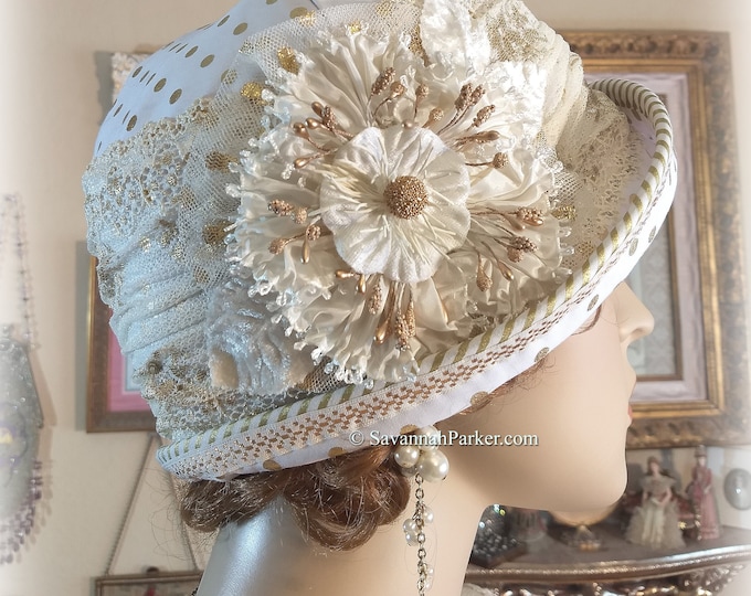 Antique Style 20s White and Metallic Gold Gatsby Flapper Hat Downton Abbey Cloche Hat - MADE TO ORDER - Handmade Ribbonwork - Vintage Lace