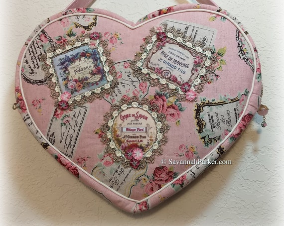 Gorgeous Pink Perfume Labels Vintage Retro Heart Shaped Purse Handbag, Handsewn Piping and Binding, Jeweled Detachable Strap, Jewel Charms